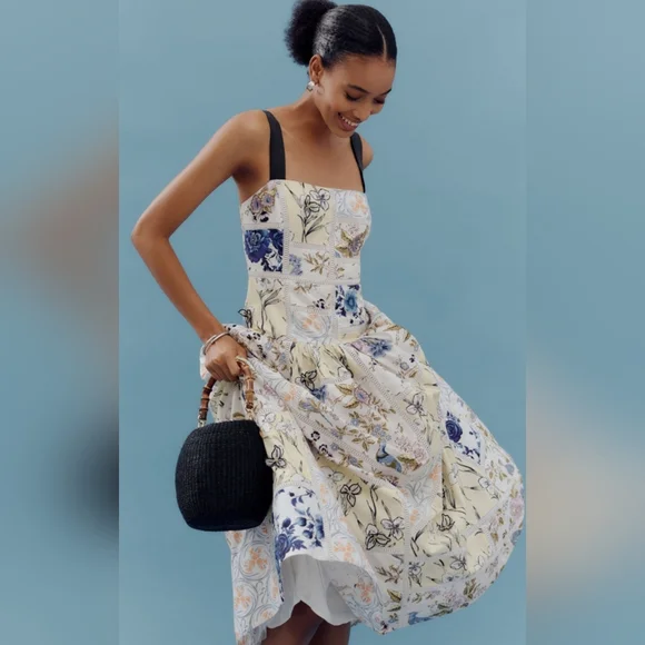 Anthropologie Maeve Cotton Sleeveless Square-Neck Tile Printed Midi Dress Sz L